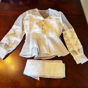 Sheer White Lace Button-Front Top Belted Waist & Long Sleeves Alex Evenings